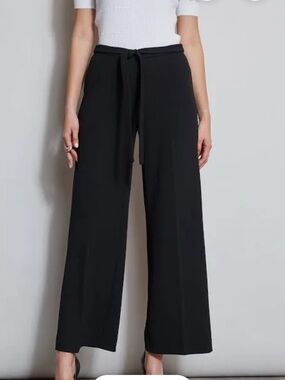 Tahari Black Wide-Leg Tie-Waist Stretch Pull On Pants Sz L Casual Classic